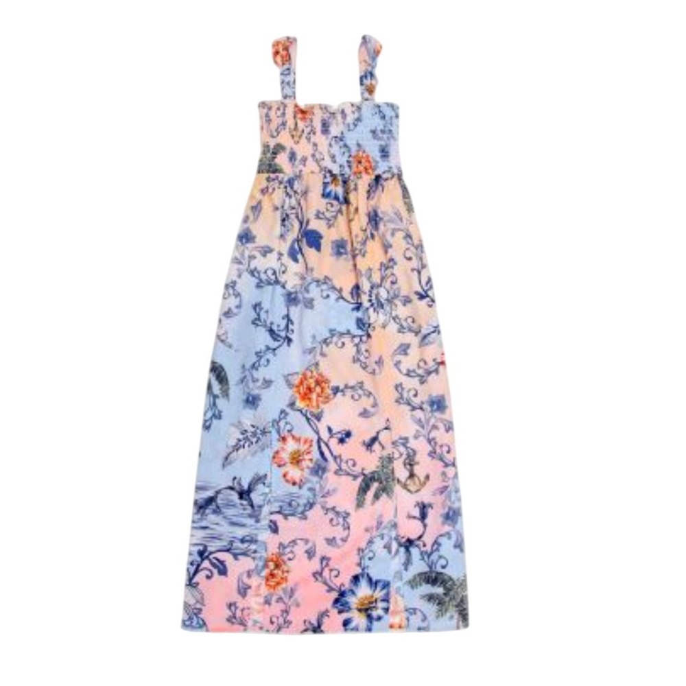 Agua Bendita Girls Danna Kai Floral Smocked Maxi Dress Blue Peach Size 12 NEW